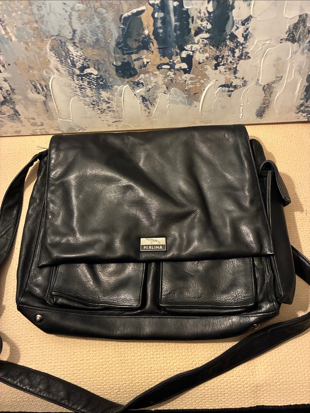 Vintage Perlina NYC Black Minimalist Messenger Satchel Genuine   Leather